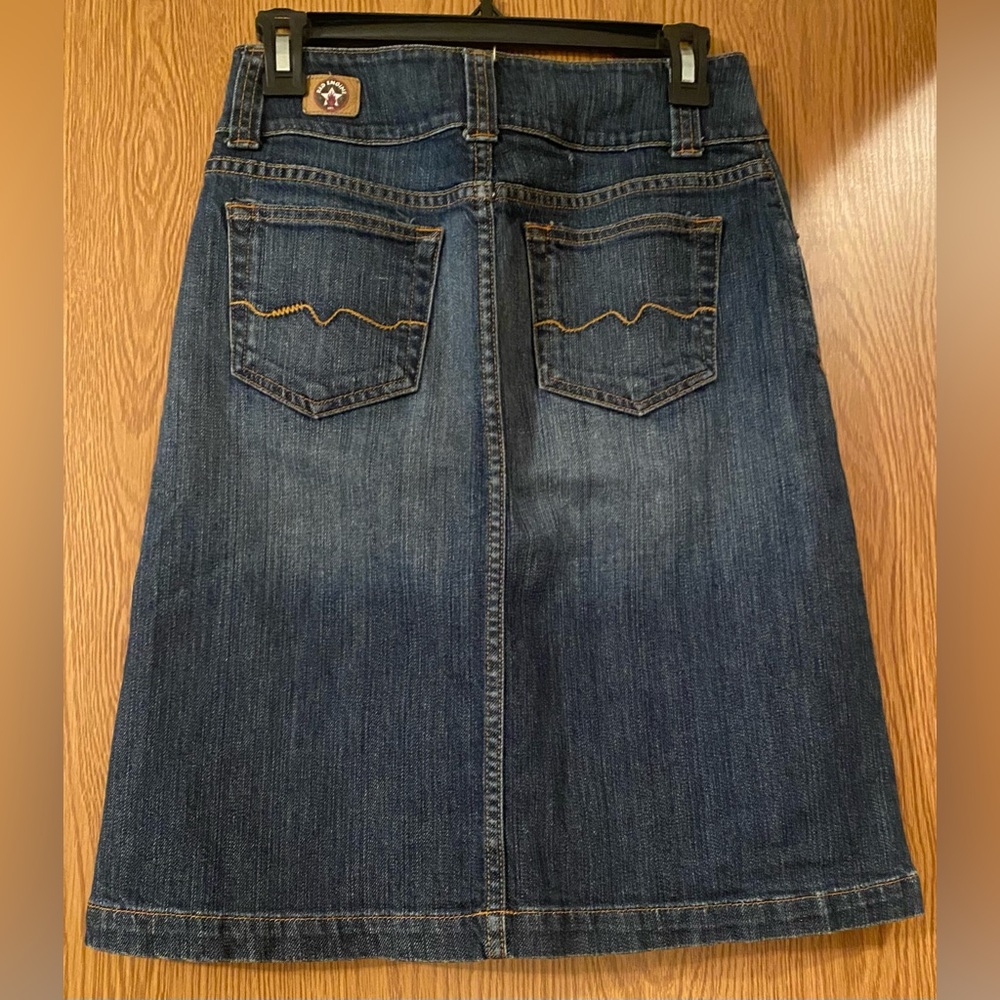 Red Engine Denim Midi Skirt. Size 27 - Picture 2 of 8
